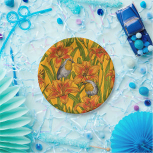 Plato De Papel Robins y flores de lirio, naranja y verde