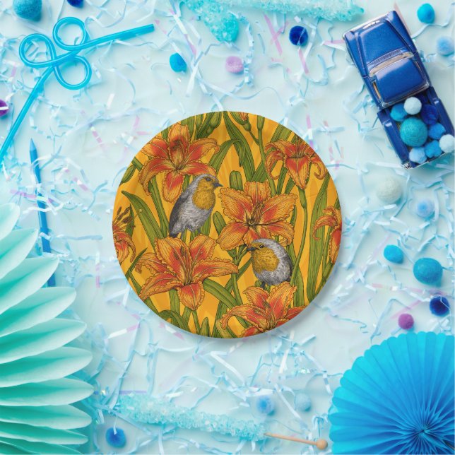 Plato De Papel Robins y flores de lirio, naranja y verde (Fiesta)