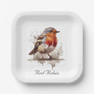 Plato De Papel Robo rojo pájaro lindo en acuarela