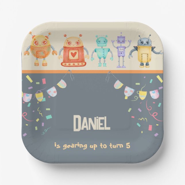 Plato De Papel Robot Birthday Party Kids (Anverso)