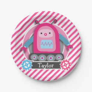 Plato De Papel Robot Chica rosa y azul; franjas rosadas y blancas