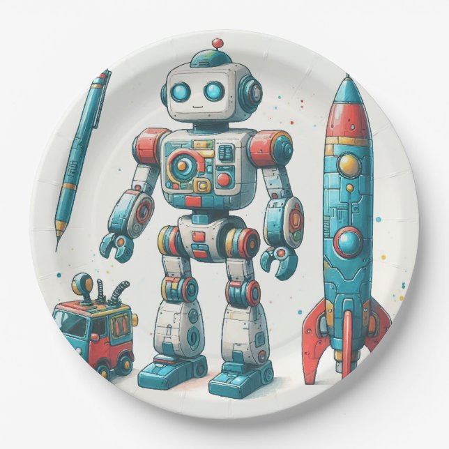 Plato De Papel Robot con nave espacial (Anverso)