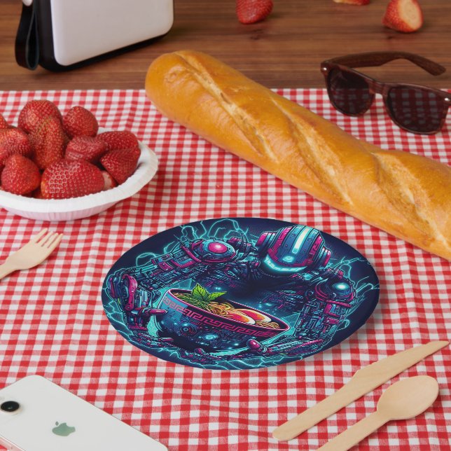 Plato De Papel Robot Cyberpunk Futurista Comida Ramen Neon (Picnic)
