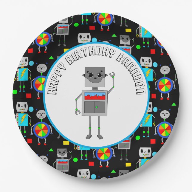 Plato De Papel Robot de cumpleaños de un niño personalizado (Anverso)