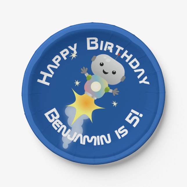 Plato De Papel Robot lindo volando en el ilustracion del personal (Anverso)