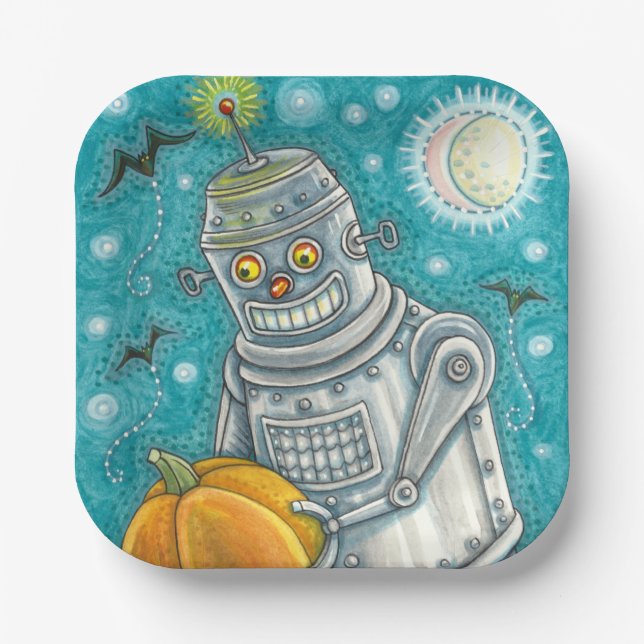 PLATO DE PAPEL ROBOT PICKING PUMPKINS , HOMBRE MECÁNICO DE HALLOW (Anverso)