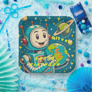 Plato De Papel Robot Vintage en el Espacio Ciencia Curiosidad Des
