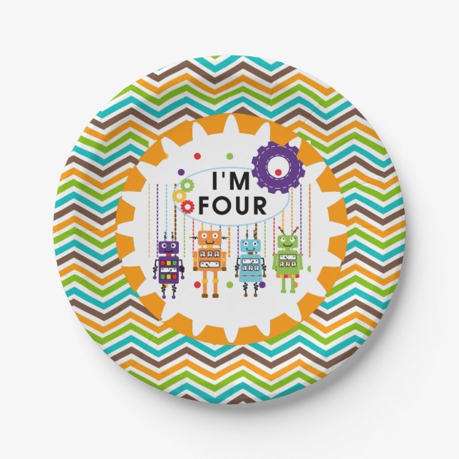 Plato De Papel Robots 4º Placas de papel de cumpleaños (Anverso)