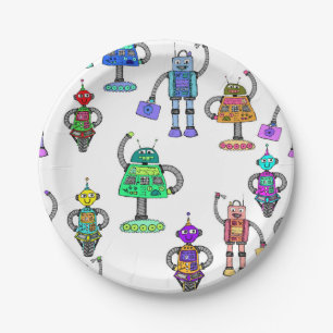Plato De Papel Robots adorables coloridos sobre fondo blanco