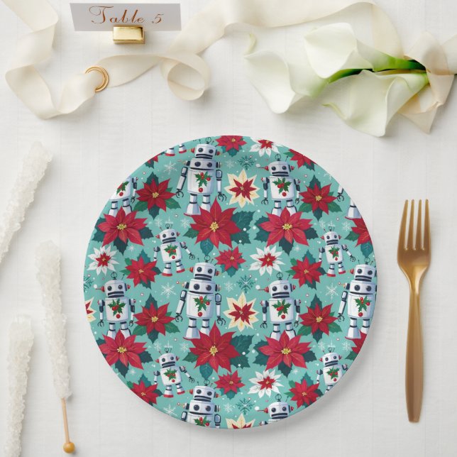 Plato De Papel Robots contra Navidades retro y Poinsettias (Boda)