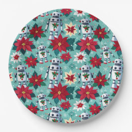 Plato De Papel Robots contra Navidades retro y Poinsettias