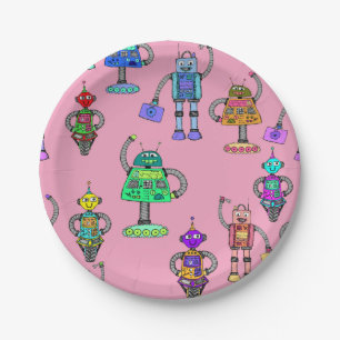 Plato De Papel Robots cutáneos y coloridos sobre fondo rosado
