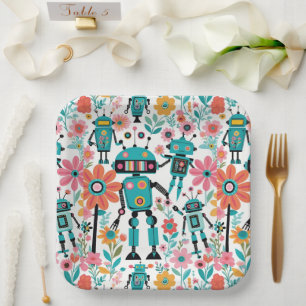 Plato De Papel Robots Retro Y Flores Rosadas