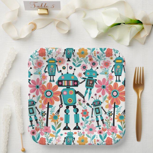 Plato De Papel Robots Retro Y Flores Rosadas (Boda)