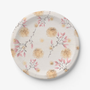 Plato De Papel Rocías florales rosadas y puntos de salpicaduras d