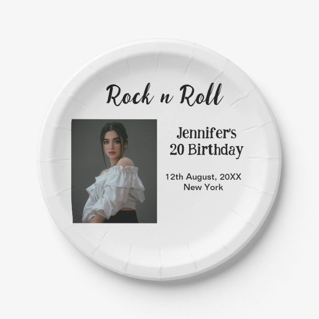 Plato De Papel Rock n roll 20 cumpleaños chica foto elegante mode (Anverso)