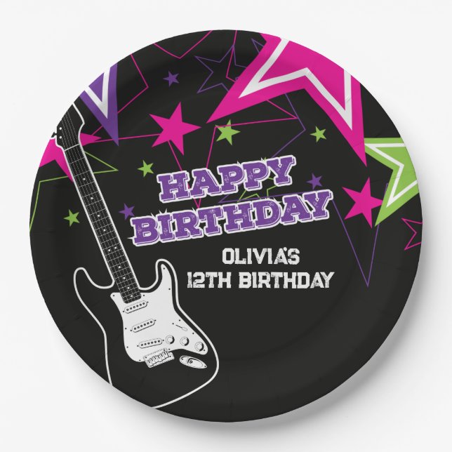 Plato De Papel Rock Star Birday Guitar Stars Pink Purple Paper (Anverso)
