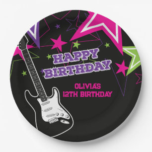 Plato De Papel Rock Star Birday Guitar Stars Pink Purple Paper