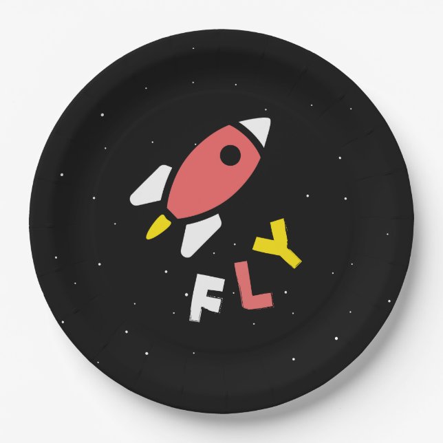 Plato De Papel Rocket - Arte pop abstracto rojo y amarillo. ¡FLY! (Anverso)