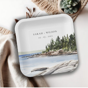 Plato De Papel Rocky Pine Watercolor Seascape Boda