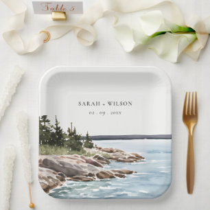 Plato De Papel Rocky Pine Watercolor Seascape Boda