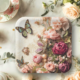 Plato De Papel Rococo Butterfly Garden Galentine Floral Elegance