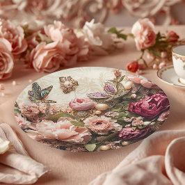 Plato De Papel Rococo Butterfly Garden Galentine Floral Elegance