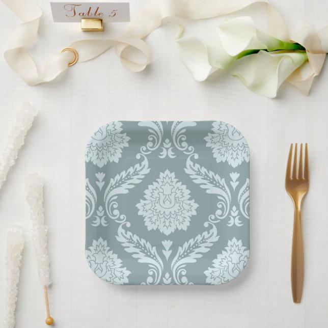 Plato De Papel Rococo Damask Lg Pattern Duck Egg Blue+Teal (Boda)