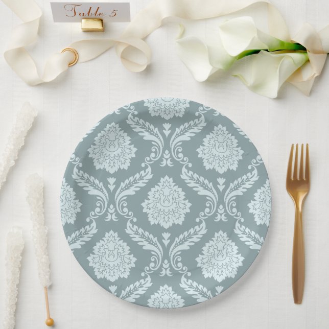 Plato De Papel Rococo Damask Pattern Duck Egg Blue+Teal (Boda)