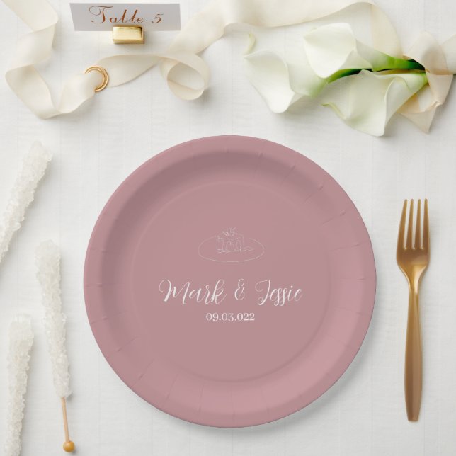 Plato De Papel ROE Boda simple rosa y blanco (Boda)