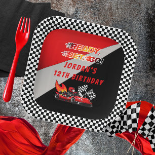 Plato De Papel Roja   Cumpleaños de la Carreras Black Go Kart