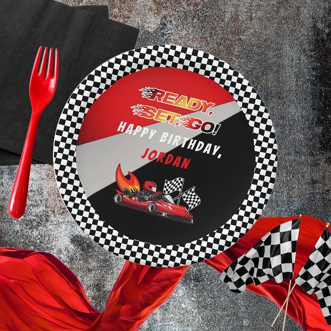 Plato De Papel Roja | Cumpleaños de la Carreras Black Go Kart (Red and Black Go Kart Racing Kid's Birthday Party "Ready, Set, Go!" Paper plates)