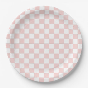 Plato De Papel Rojizo Rosa y Cuadros Blancos