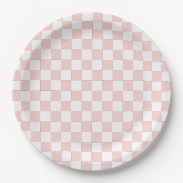 Plato De Papel Rojizo Rosa y Cuadros Blancos (Anverso)