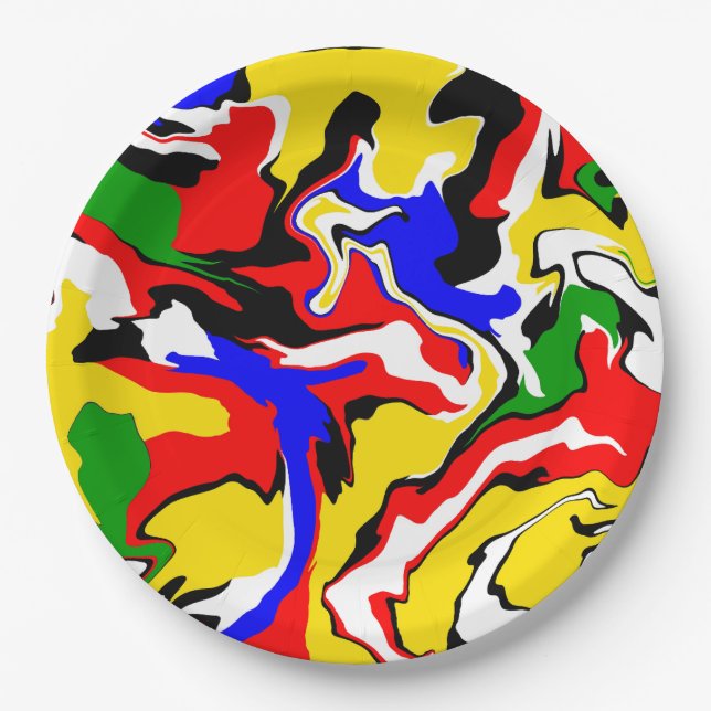 Plato De Papel Rojo, amarillo, negro, azul y verde (Anverso)