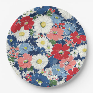 Plato De Papel Rojo Azul Blanco Floral Patriótico (3)