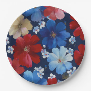 Plato De Papel Rojo Azul Blanco Floral Patriótico (9)