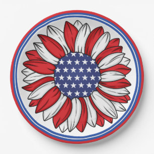 Plato De Papel Rojo, Blanco, Azul Patriótico Girasol