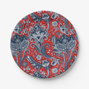 Plato De Papel Rojo Blanco y Azul Floral Paisley Boho Bohemio