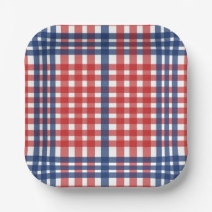 Plato De Papel Rojo blanco y azul Gingham Plaid