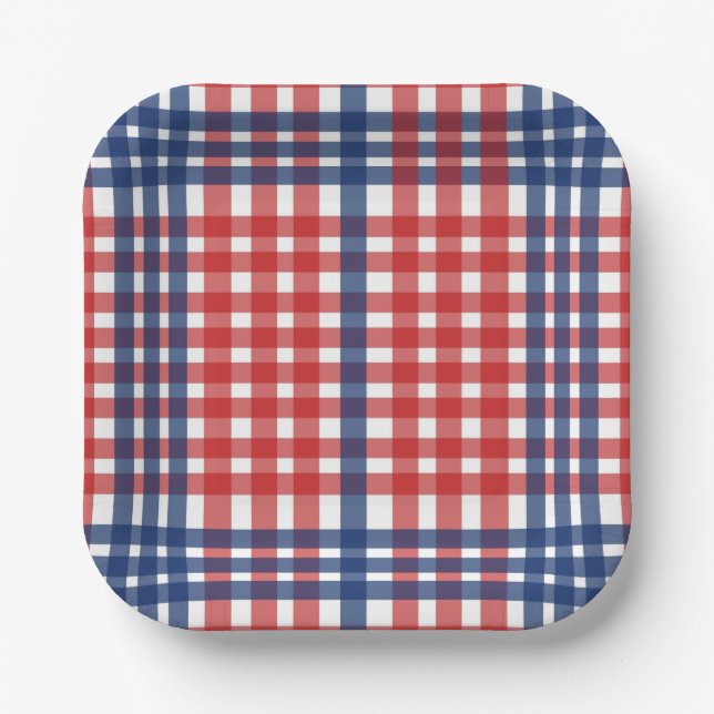 Plato De Papel Rojo blanco y azul Gingham Plaid (Anverso)