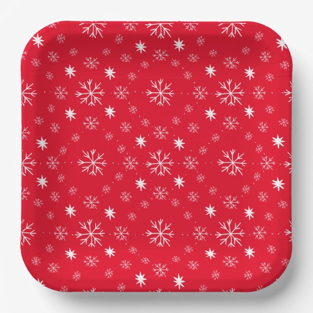 Plato de papel rojo con copos de nieve blancos (Anverso)