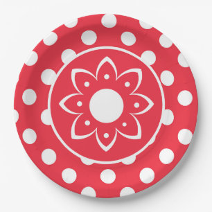 Plato de papel rojo con lunares blancos