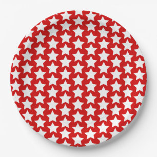 Plato De Papel Rojo con un patrón de estrellas blancas