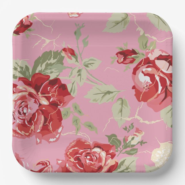 Plato de papel rojo de flor de cerezo (Anverso)