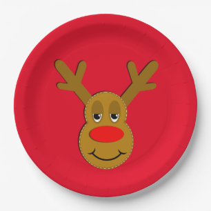 Plato De Papel Rojo de la cara del reno del navidad