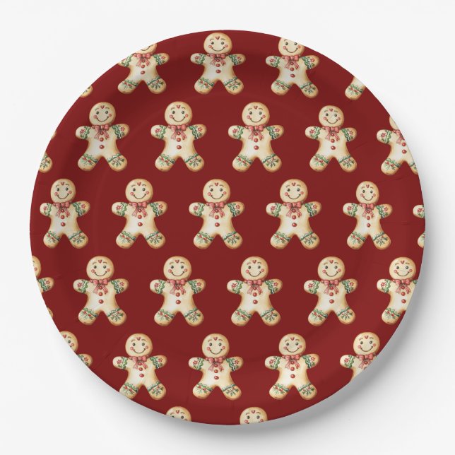 Plato de papel rojo de pan de jengibre navideño li (Anverso)