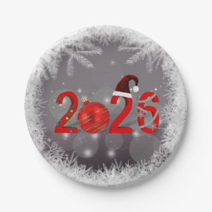 Plato De Papel Rojo Festivo Feliz Navidad Año Nuevo 2026
