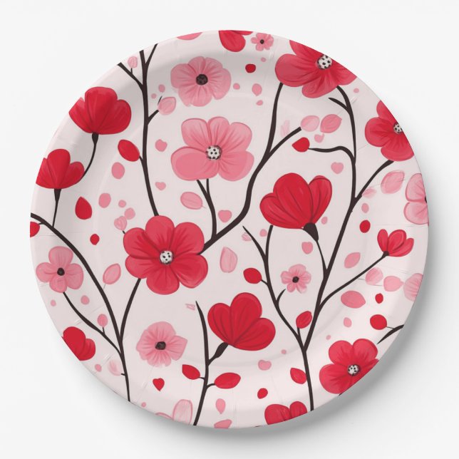 Plato De Papel Rojo Floral Romántico (Anverso)