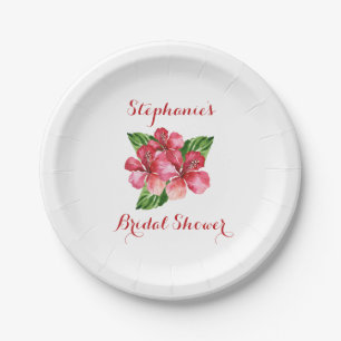 Plato De Papel Rojo Hibiscus Tropical Bridal Shower Personalizada